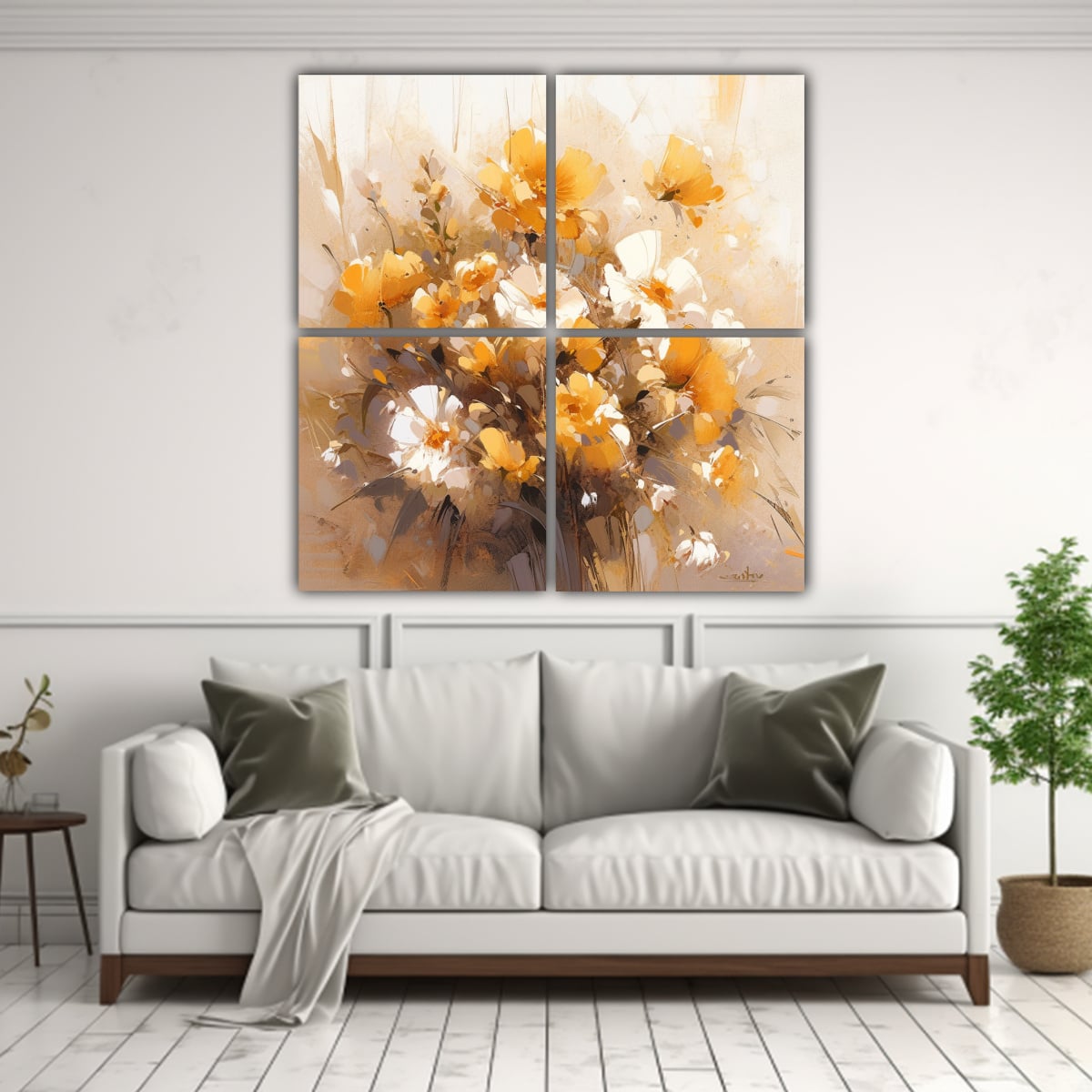 PINTURA FLORAL AMARILLA Y DORADA EN LIENZO, ARTE 120X120 CM - 2