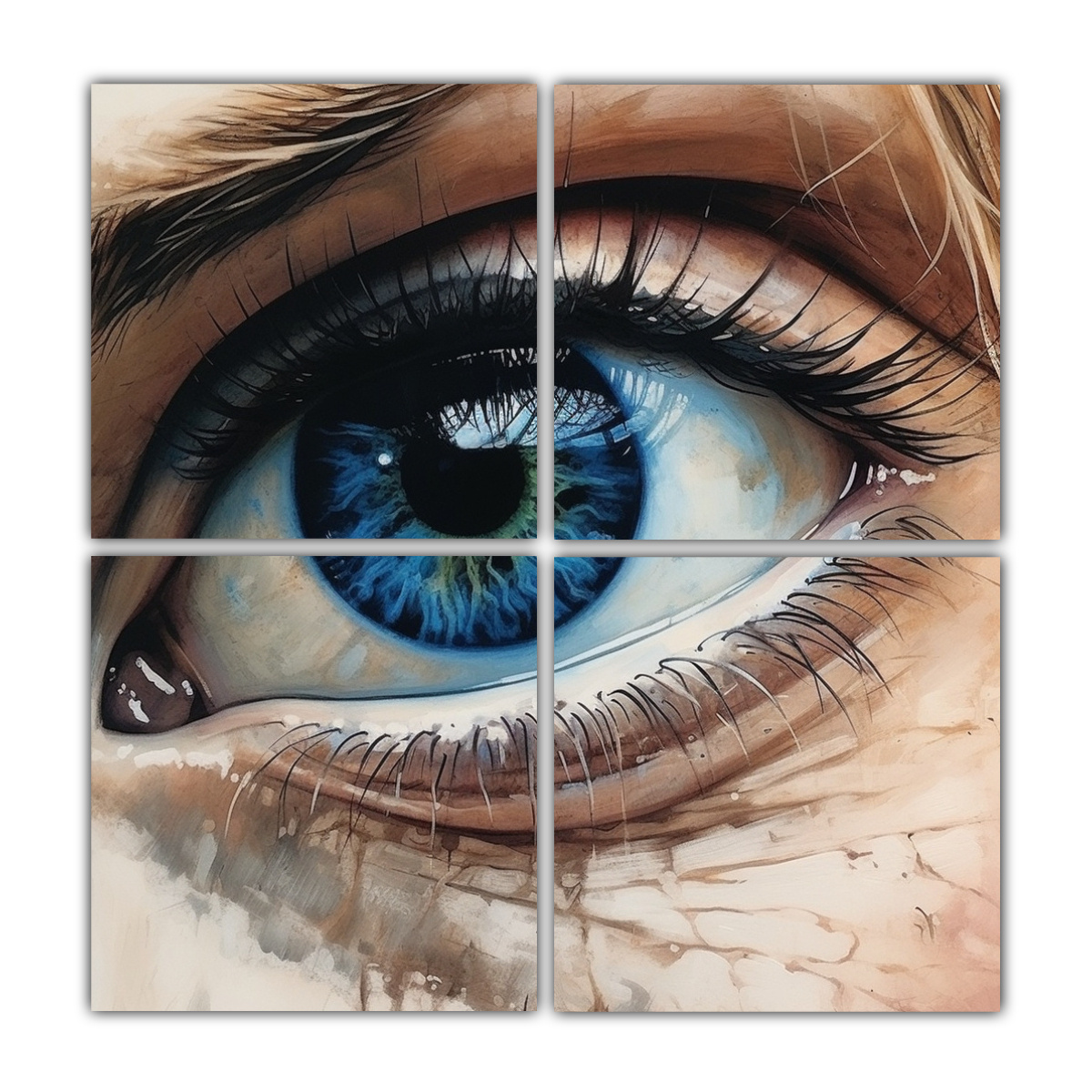 PINTURA ABSTRACTA DE 4 LIENZOS CON OJOS AZULES DE 180X180 CM - 1
