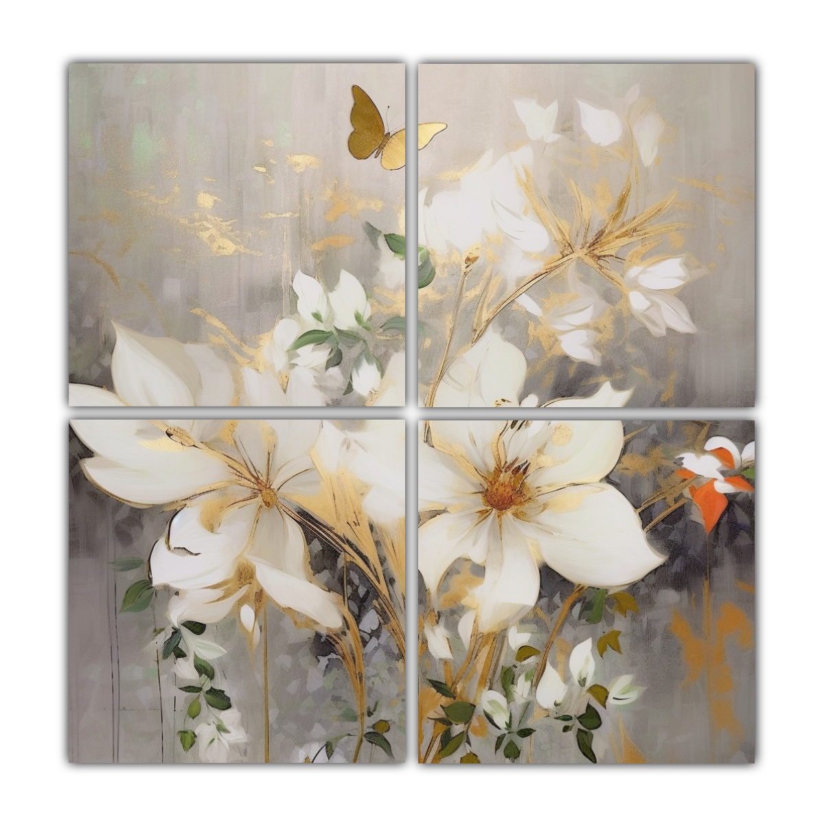 CUATRO ARTES DE PARED PATRON FLORAL BLANCO Y ORO 120X120 CM