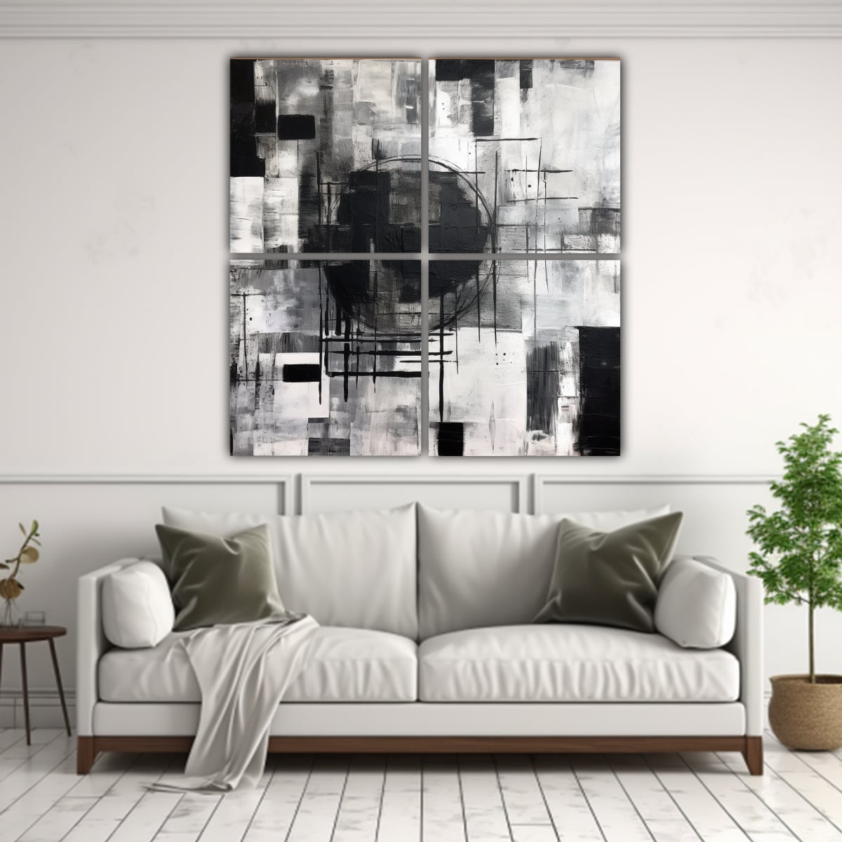 PINTURA ABSTRACTA EN BLANCO Y NEGRO CUATRO CANVAS 180X180 CM - 2