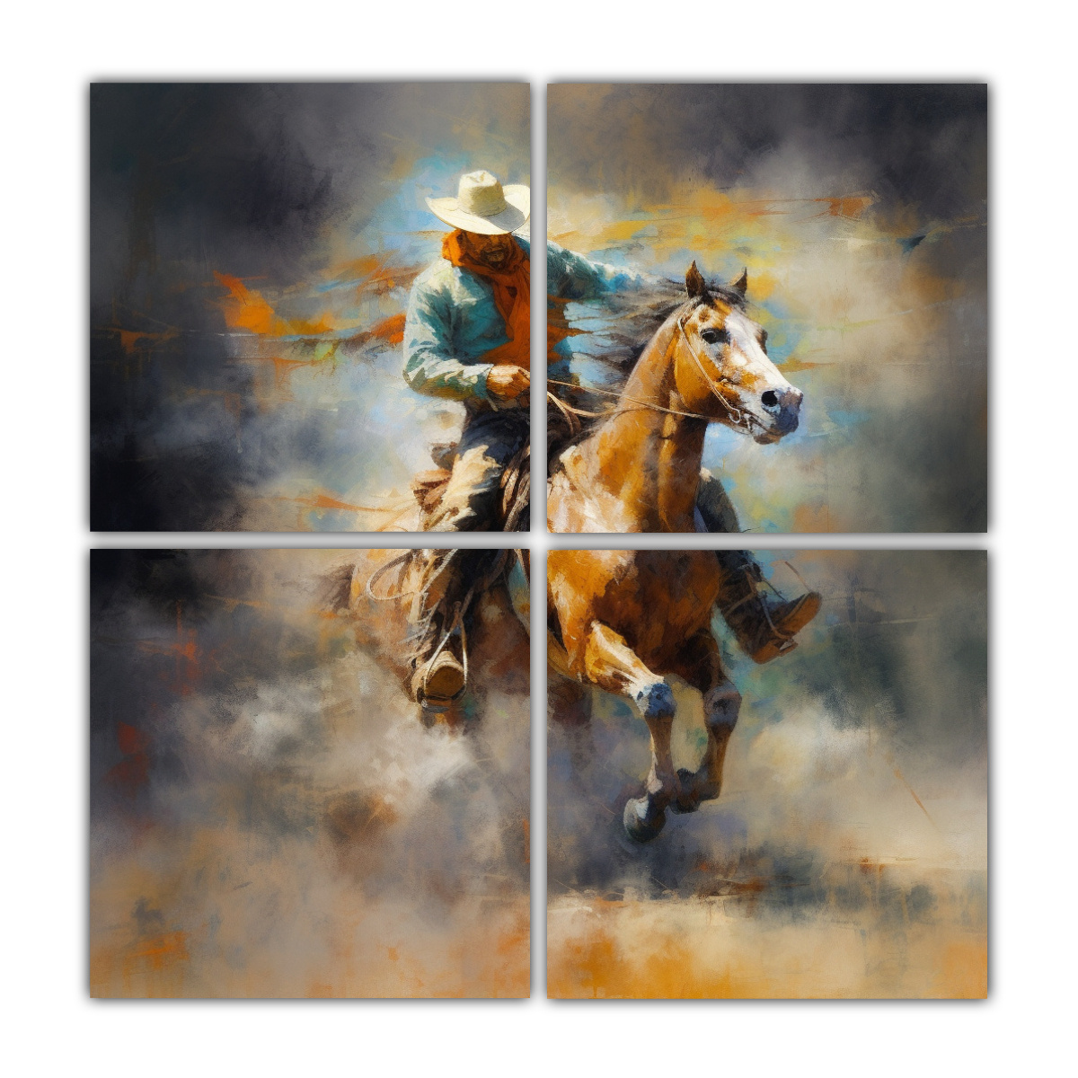 CUADRO VINTAGE DE COWBOY EN POLVO Y NUBES 160X160 CM - 1