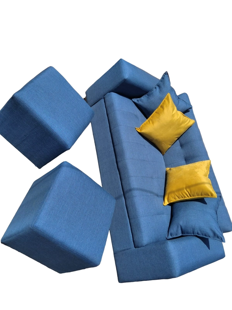 SOFÁ DISEÑOS VALESTRINI LINO AZUL DOS CUERPOS MAS POUFF INDIGO - 2