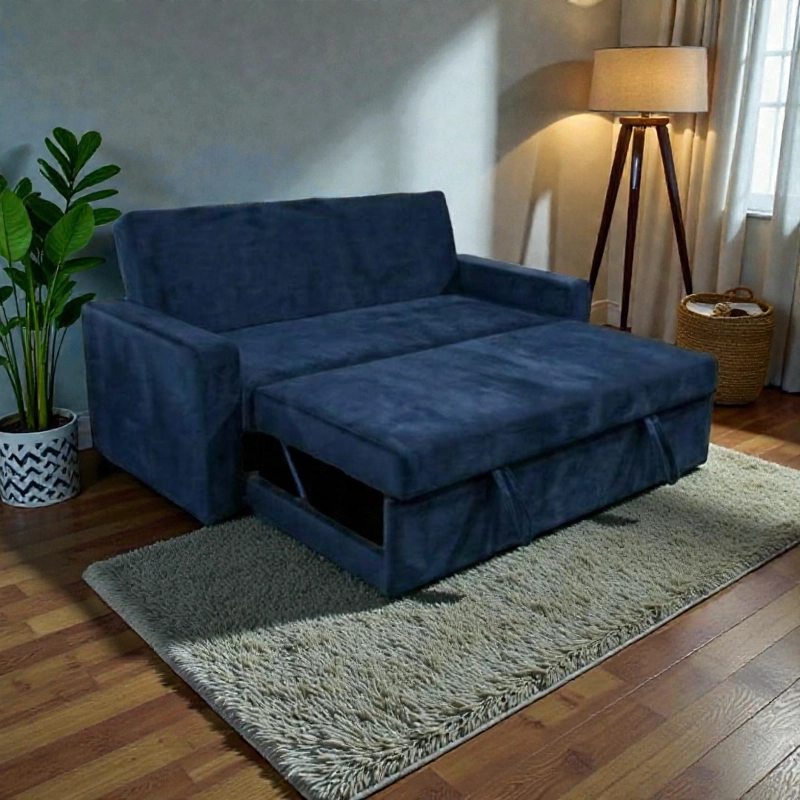 SOFA CAMA MILANO TRES POSICIONES FELPA AZUL MARINO - 1