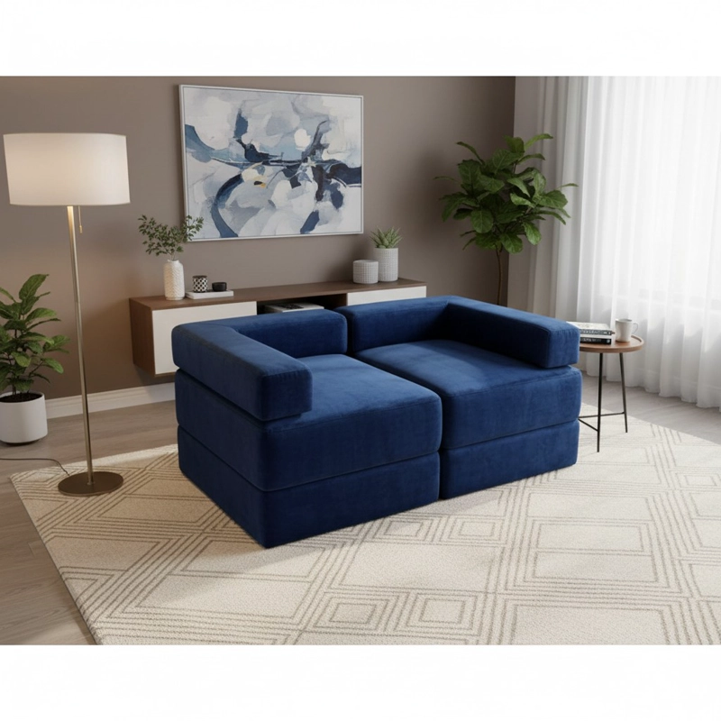 SOFA CAMA ARKOS DOS CUERPOS EN FELPA AZUL MARINO - 1