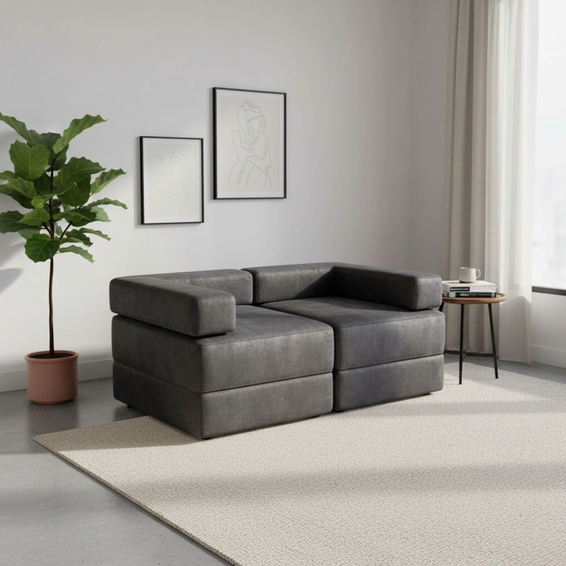 SOFA CAMA ARKOS DOS CUERPOS EN FELPA GRIS OSCURO - 1