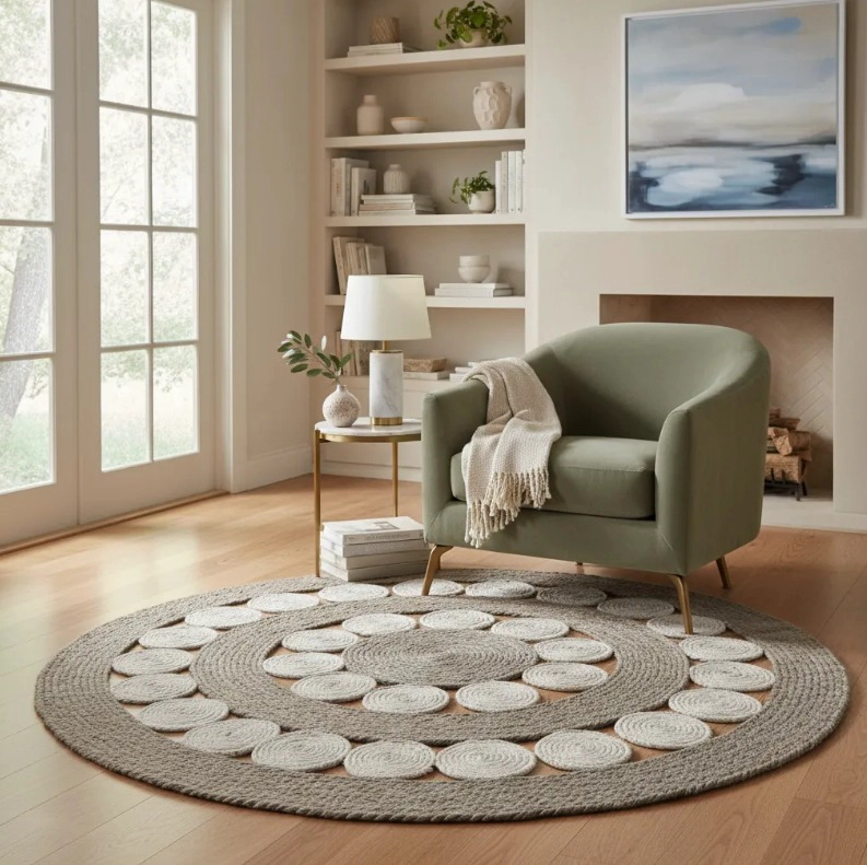 ALFOMBRA YUTE BICOLOR CALADA CONTEMPORÁNEA MODERNA CIRCULOS 120 CM DIAMETRO - 1