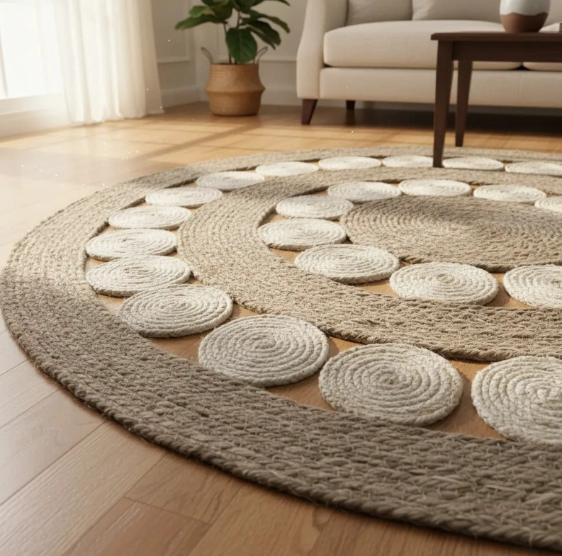 ALFOMBRA YUTE BICOLOR CALADA CONTEMPORÁNEA MODERNA CIRCULOS 120 CM DIAMETRO - 2