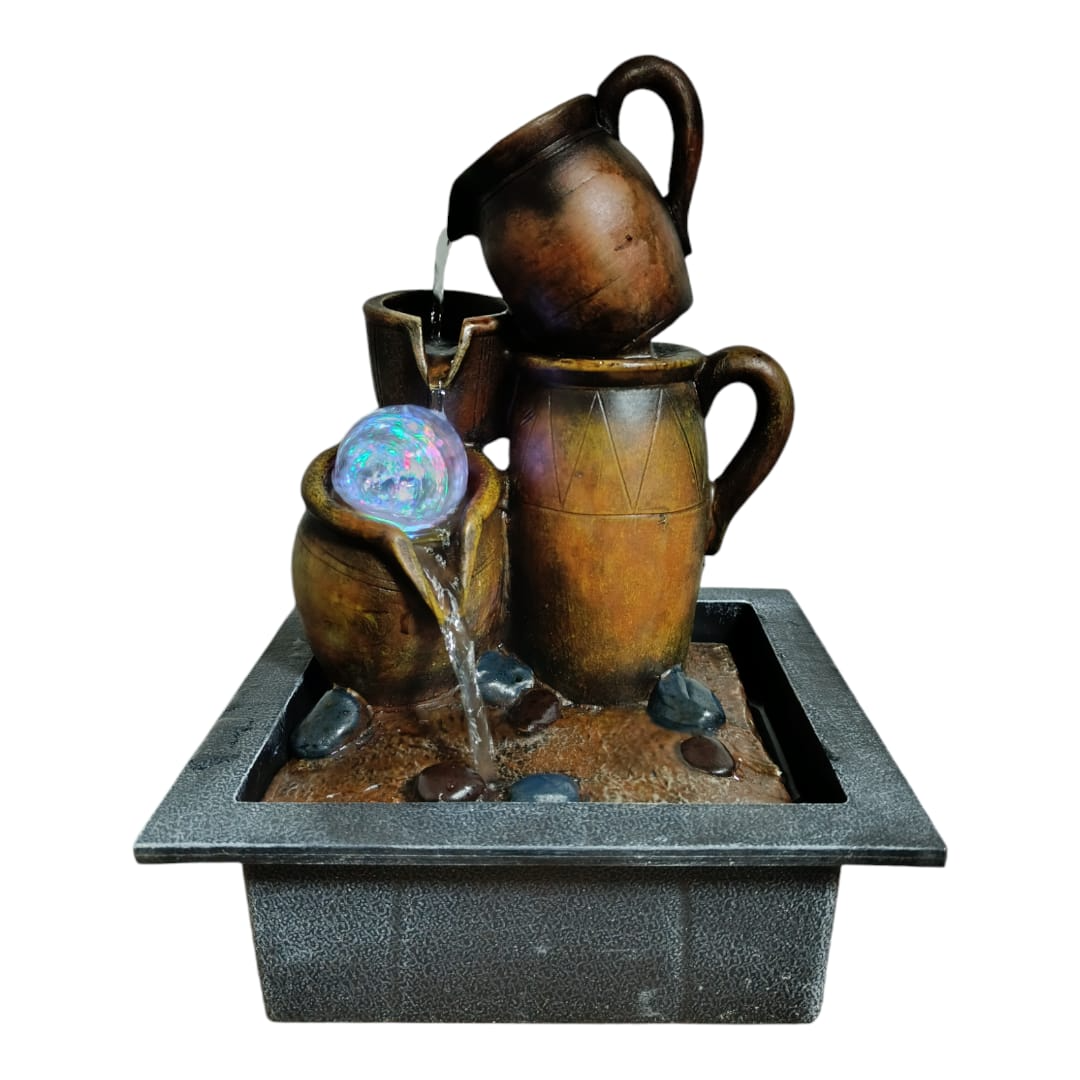 FUENTE DE AGUA DISEÑO 4 CANTAROS CON LUZ LED Y ESFERA CRISTAL, 35X25X20 CM - 1