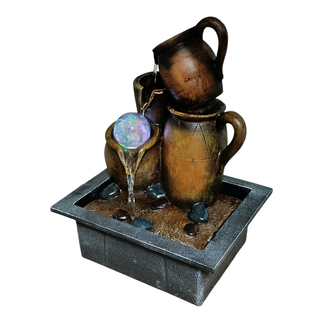 FUENTE DE AGUA DISEÑO 4 CANTAROS CON LUZ LED Y ESFERA CRISTAL, 35X25X20 CM - 2