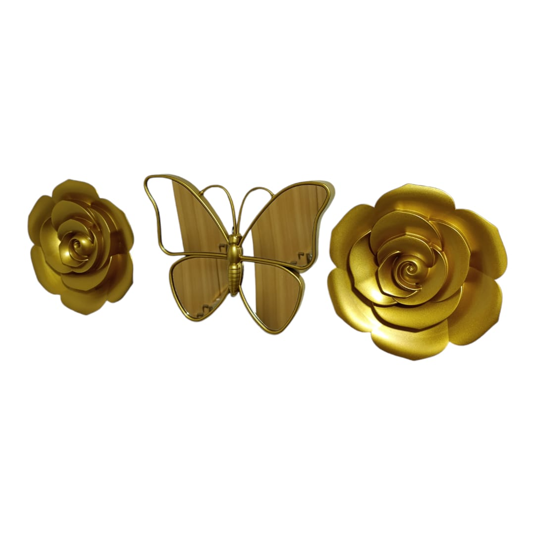 SET 3 PCS ESPEJO MARIPOSA FLORES DORADAS - 1