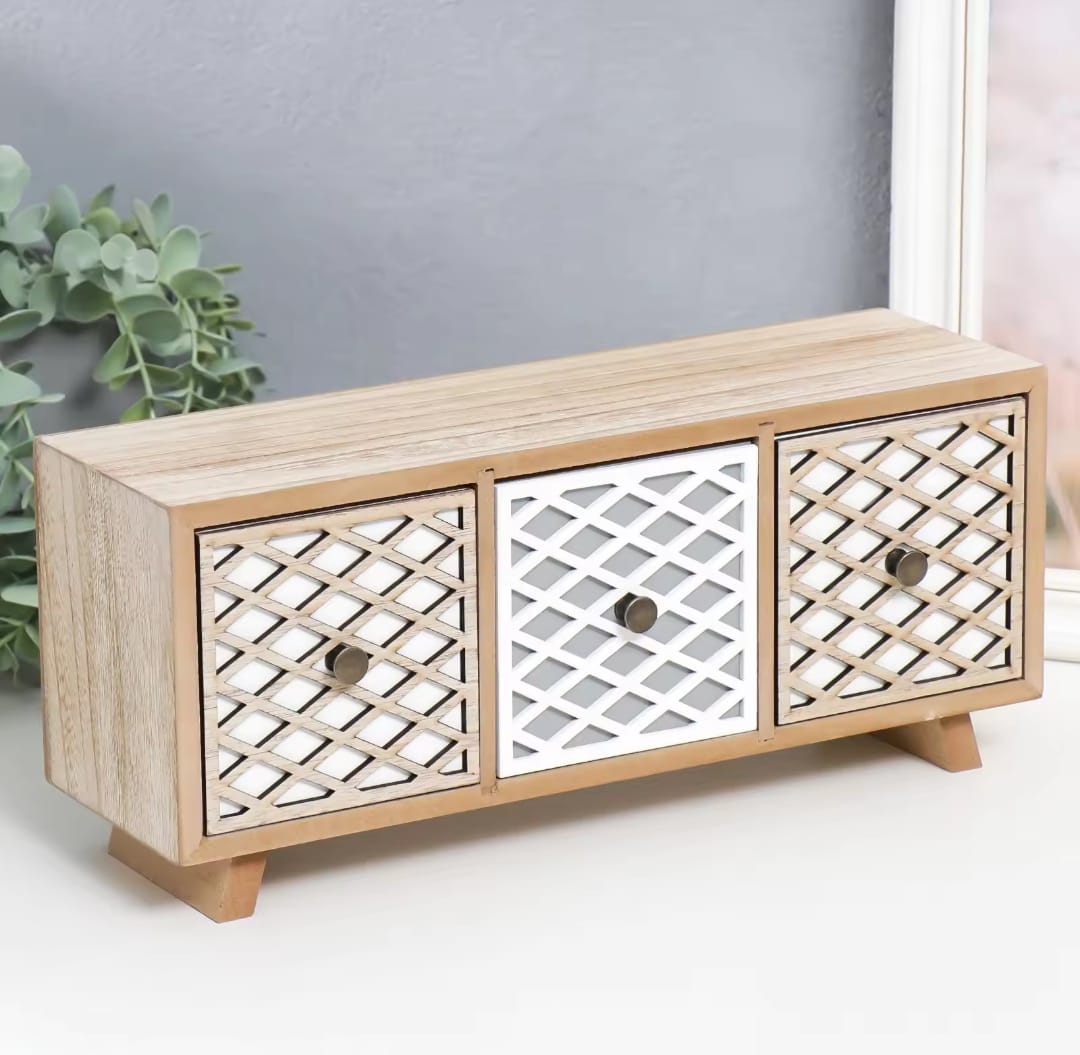 ORGANIZADOR MADERA 3 CAJONES MALLA EN COLOR BRIGE Y BLANCO - 2