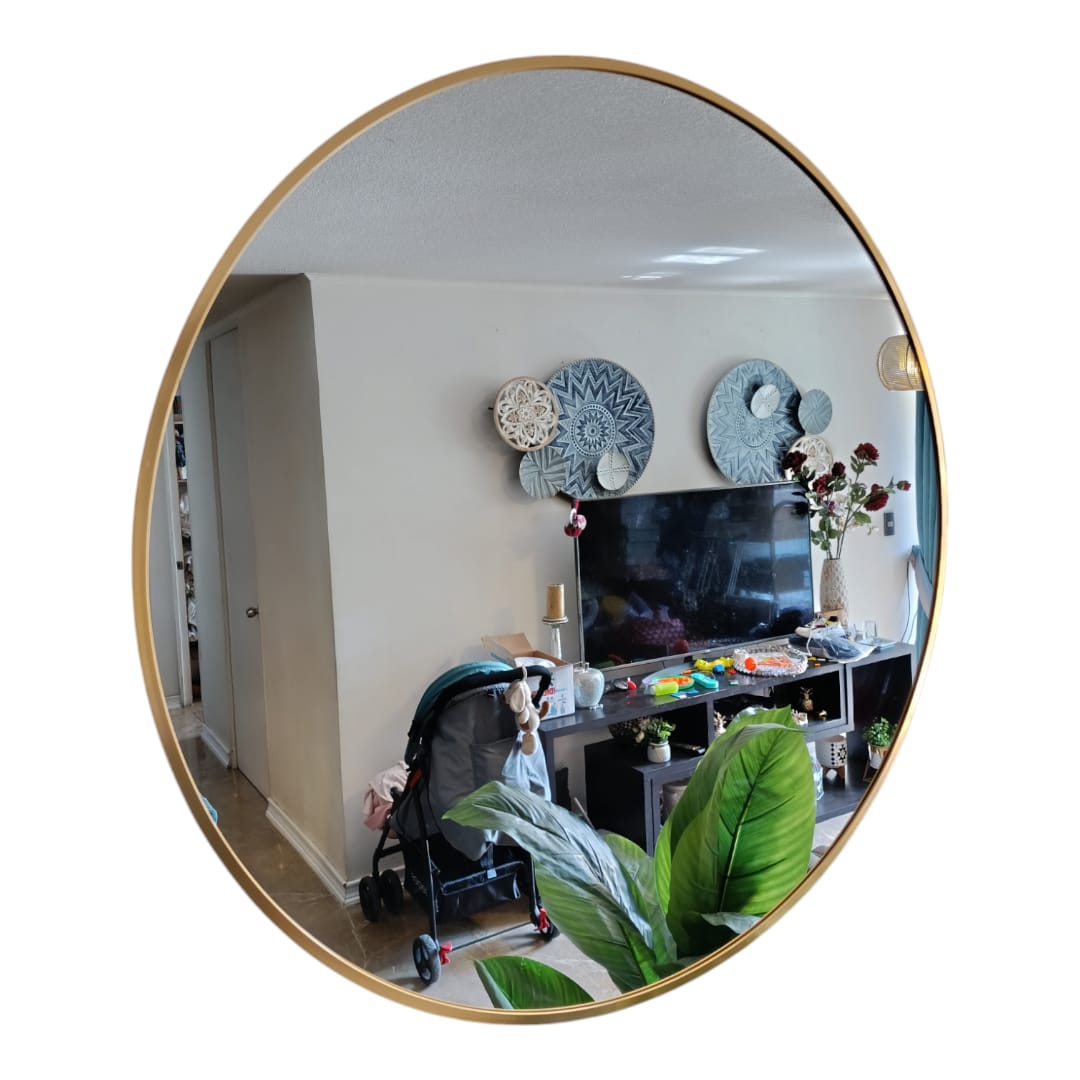 ESPEJO CIRCULAR 80 CM Ø, MARCO METAL CEPILLADO, DORADO/NEGRO - 1