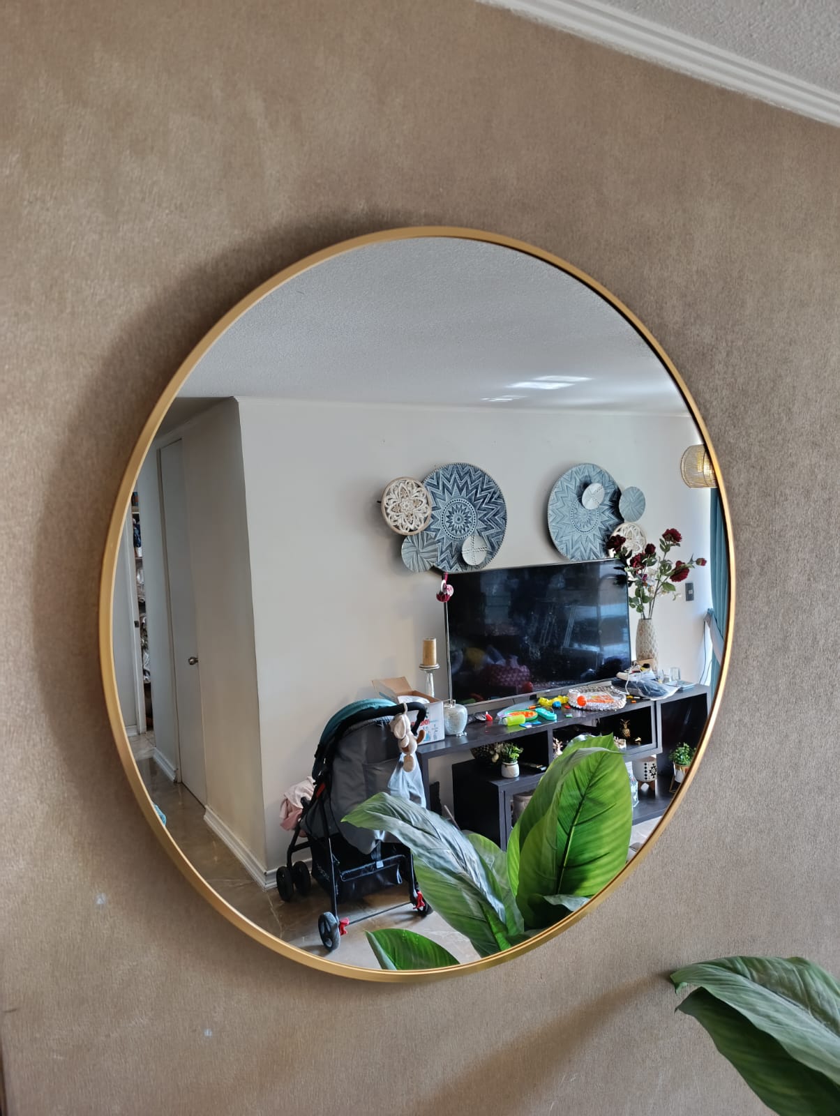 ESPEJO CIRCULAR 80 CM Ø, MARCO METAL CEPILLADO, DORADO/NEGRO - 2