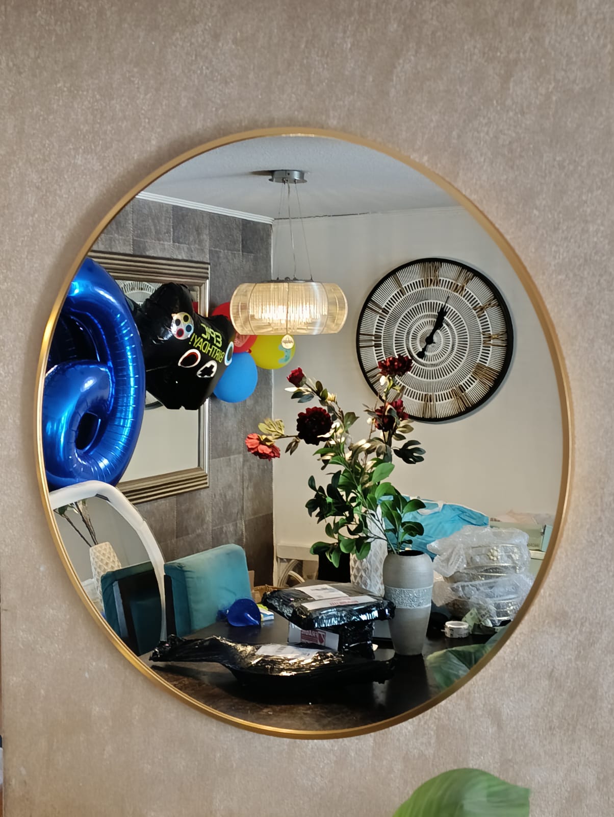ESPEJO CIRCULAR 80 CM Ø, MARCO METAL CEPILLADO, DORADO/NEGRO - 3