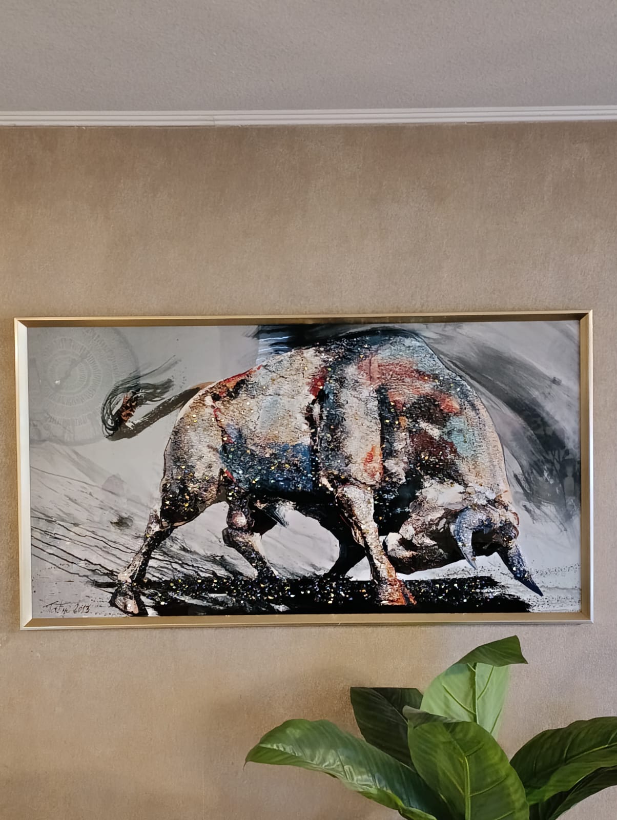 CUADRO TORO, PINTURA ESTILO DIAMANTE, MARCO DORADO60X110 CM - 4
