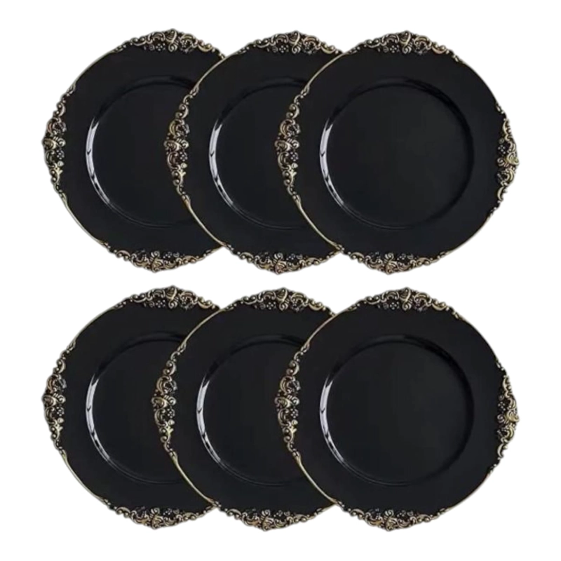 PACK 6 UND PLATOS BASE, COLORES BLANCO Y NEGRO CON APLICACIONES EN DORADO MELAMINA 33 CM Ø - 1