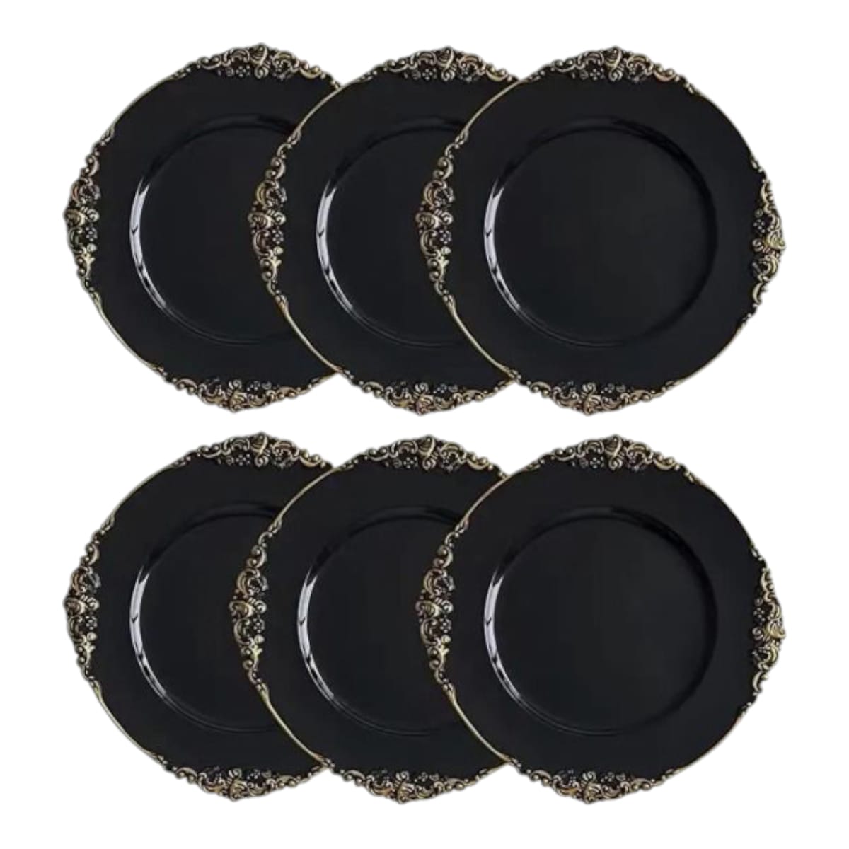 PACK 6 UND PLATOS BASE, COLORES BLANCO Y NEGRO CON APLICACIONES EN DORADO MELAMINA 33 CM Ø - 1