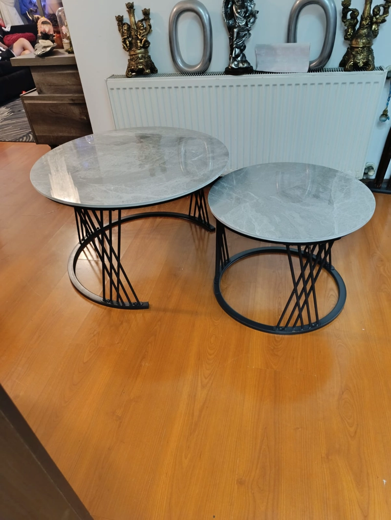 SET MESAS TIPO NIDO, METAL, CUBIERTA SIMIL MARMOL 70 Y 50CM NEGRO MATE - 2