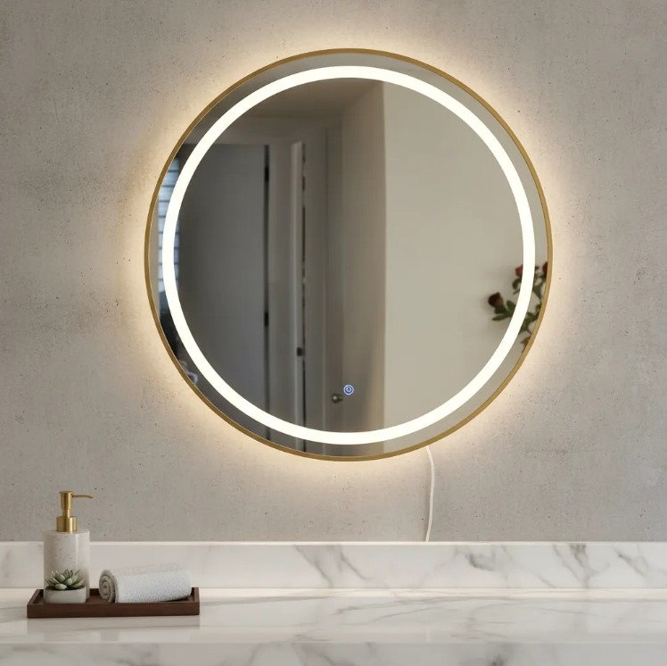 ESPEJO TOUCH LED REDONDO 80 CM DIAMETRO Ø MARCO METAL CEPILLADO COLORES DORADO Y NEGRO - 1
