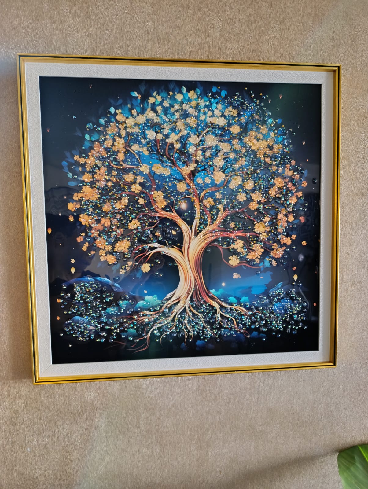 CUADRO ARBOL DE LA VIDA, ESTILO DISEÑO DIAMANTE MULTICOLOR, MARCO DORADO 60X60X3CM - 1