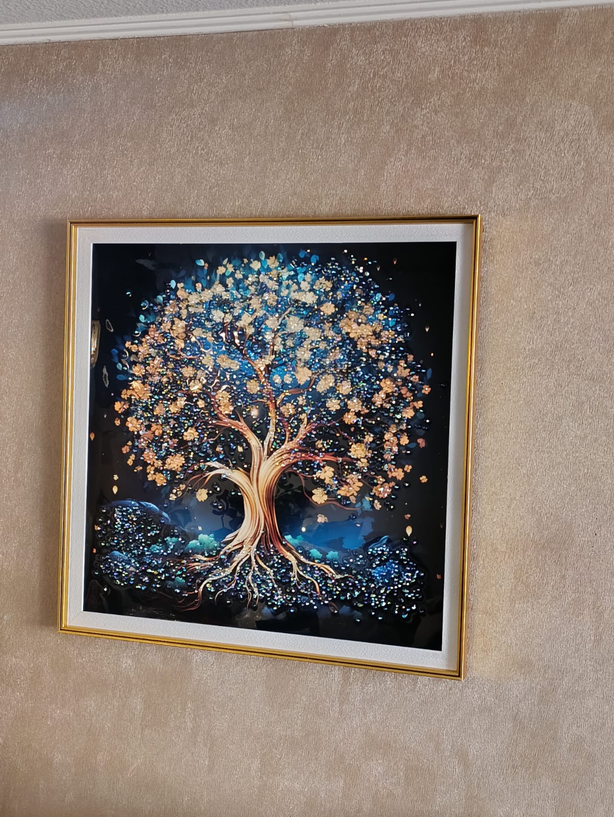 CUADRO ARBOL DE LA VIDA, ESTILO DISEÑO DIAMANTE MULTICOLOR, MARCO DORADO 60X60X3CM - 2