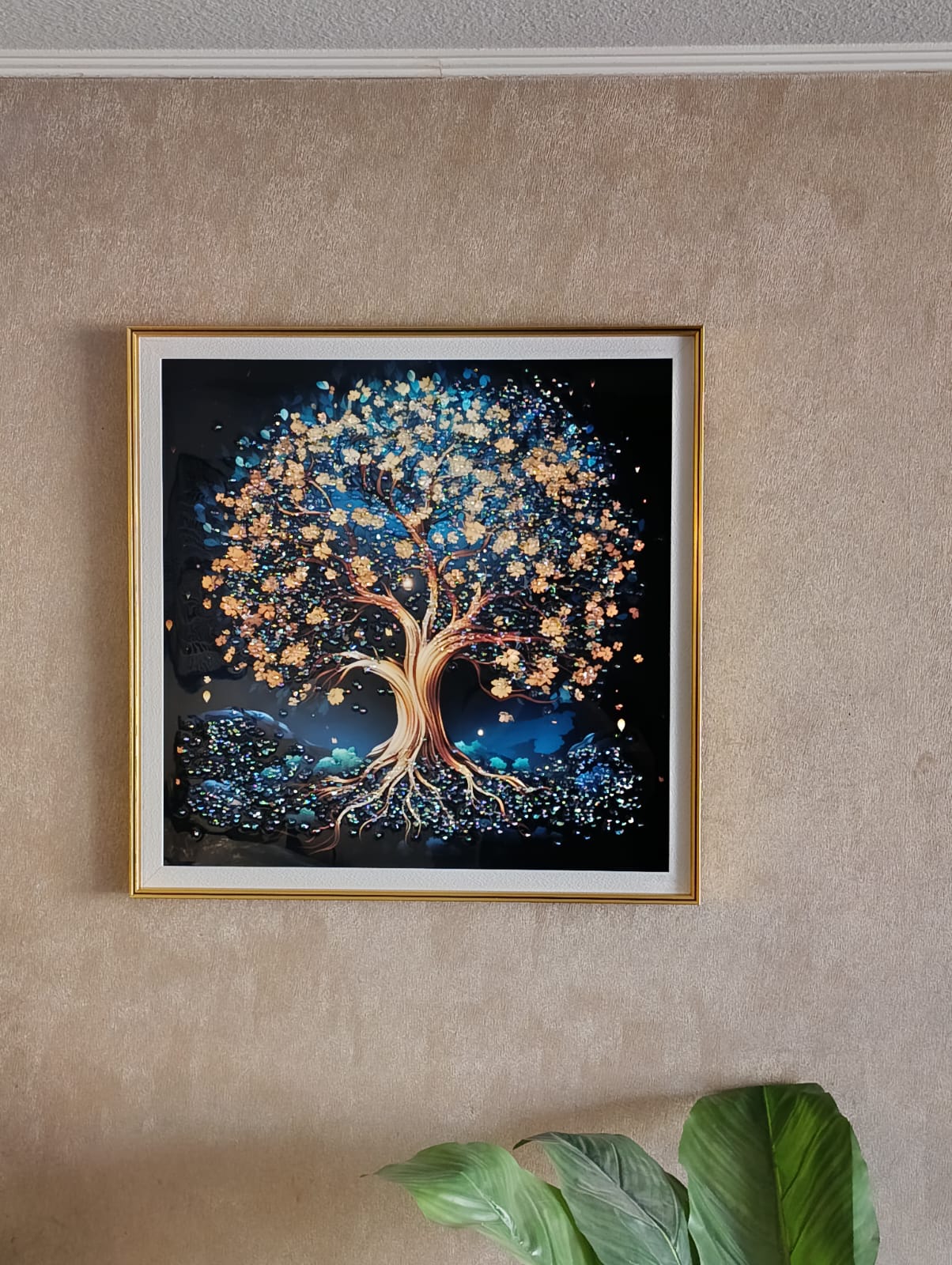 CUADRO ARBOL DE LA VIDA, ESTILO DISEÑO DIAMANTE MULTICOLOR, MARCO DORADO 60X60X3CM - 3