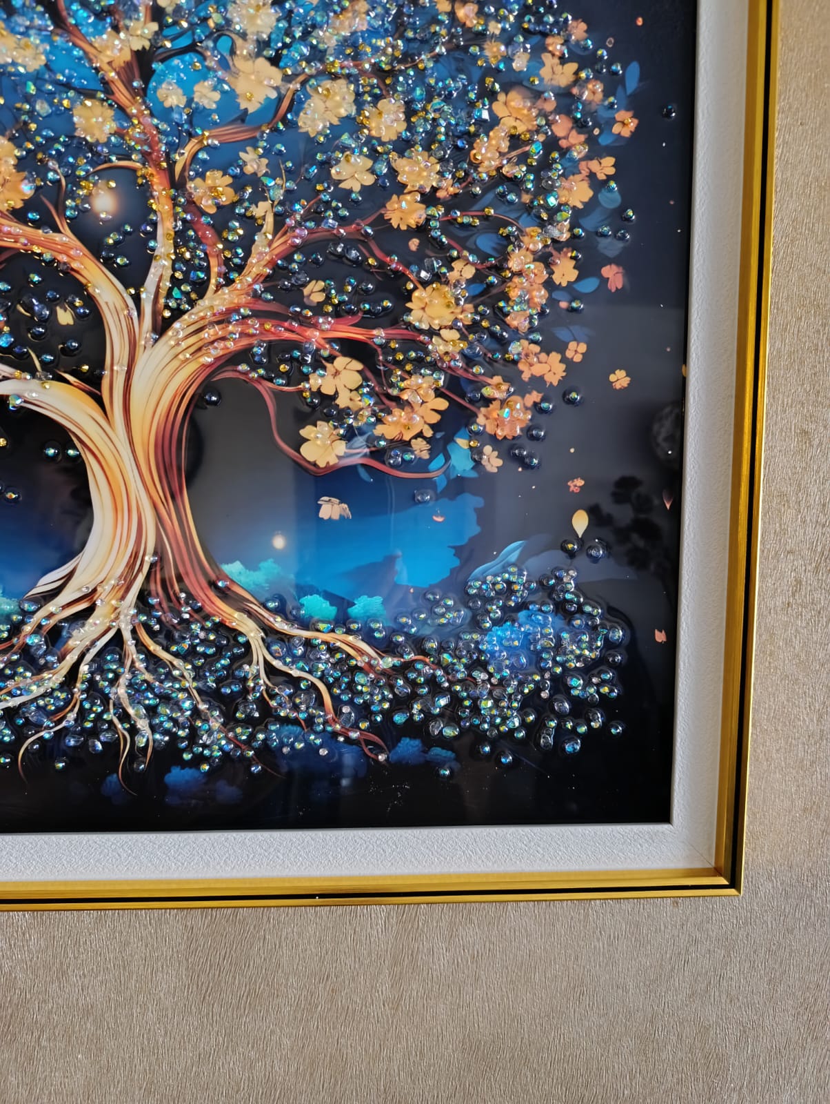 CUADRO ARBOL DE LA VIDA, ESTILO DISEÑO DIAMANTE MULTICOLOR, MARCO DORADO 60X60X3CM - 4