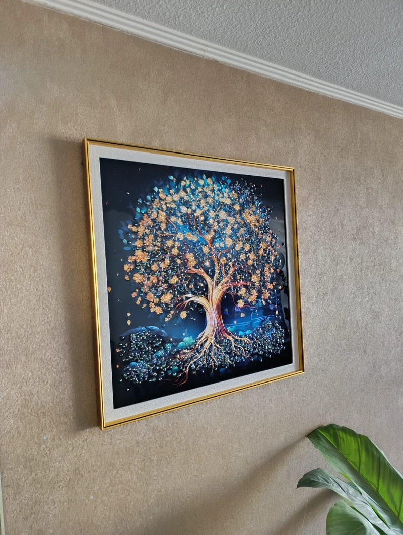 CUADRO ARBOL DE LA VIDA, ESTILO DISEÑO DIAMANTE MULTICOLOR, MARCO DORADO 60X60X3CM - 5