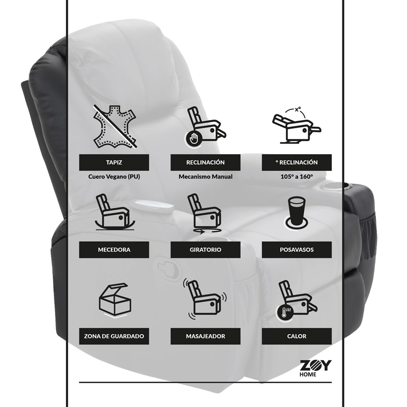 BERGERE ZOY HOME LHASA NEGRO MULTIFUNCIÓN MASAJE PU - 9