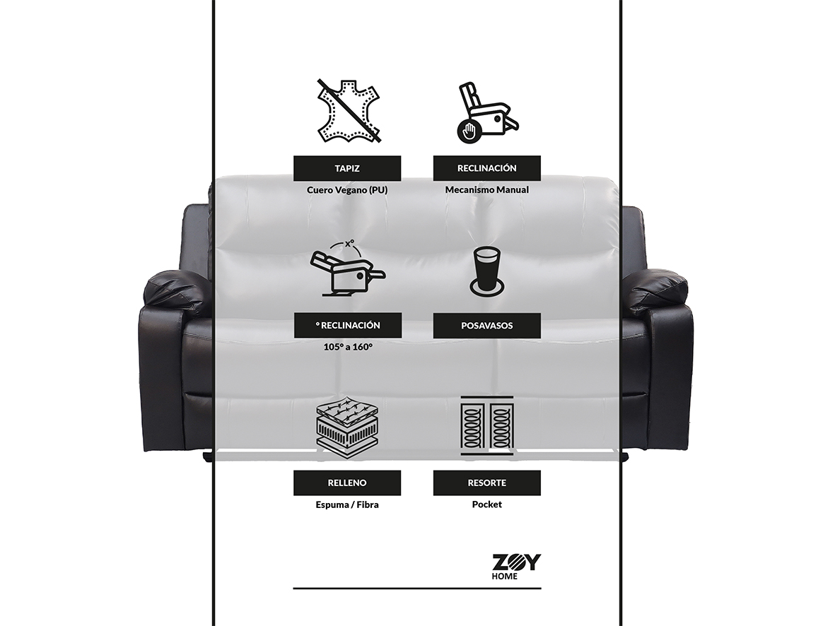 RECLINABLE 3 CUERPOS TABUK PU CAFE  CON POSAVASOS - 6