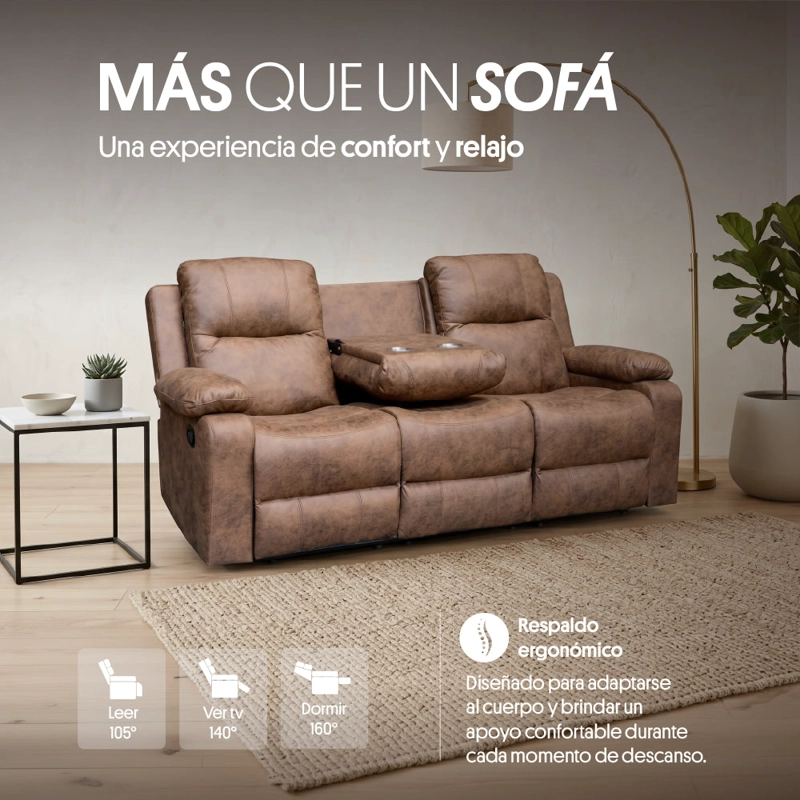 SOFA RECLINABLE 3 CUERPOS (3C) CON CONSOLA CENTRAL Y POSAVASOS TELA CAFE . TABUK - 2