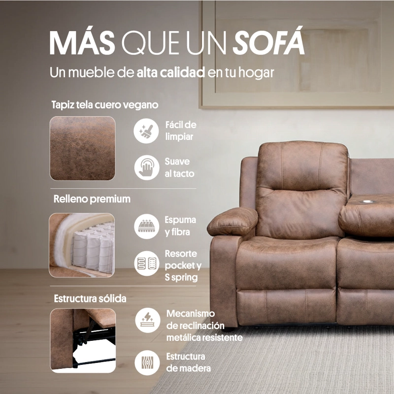 SOFA RECLINABLE 3 CUERPOS (3C) CON CONSOLA CENTRAL Y POSAVASOS TELA CAFE . TABUK - 3