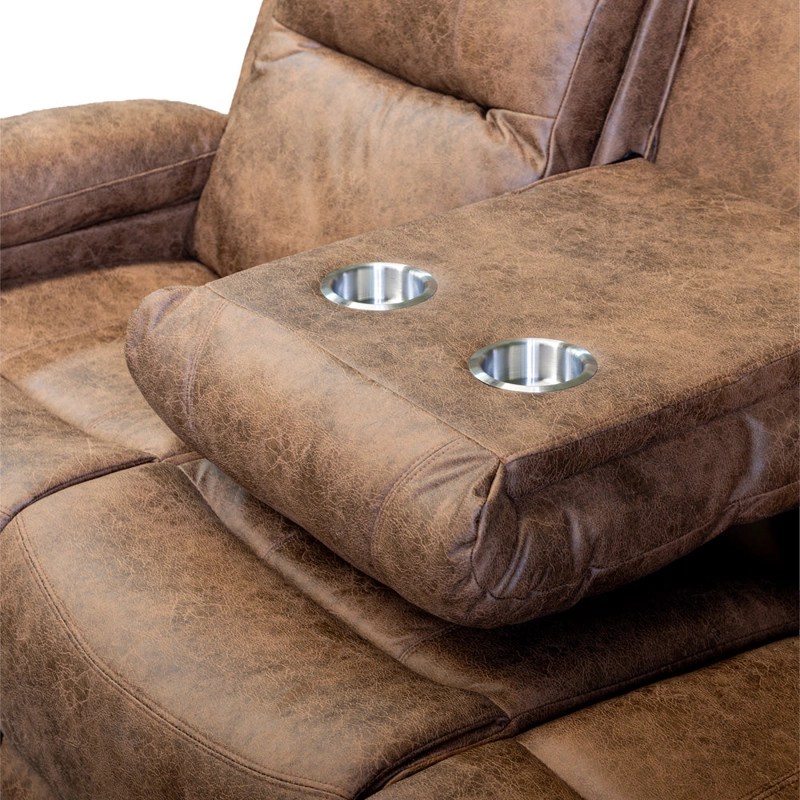 SOFA RECLINABLE 3 CUERPOS (3C) CON CONSOLA CENTRAL Y POSAVASOS TELA CAFE . TABUK - 9