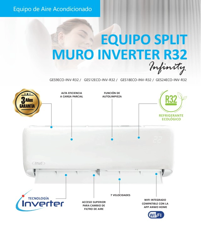 AIRE ACONDICIONADO SPLIT MURO INVERTER ANWO INFINITY 12.000 BTU - 6