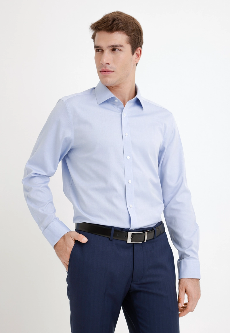 CAMISA FORMAL HOMBRE NON IRON ALGODON LISO CELESTE - 1