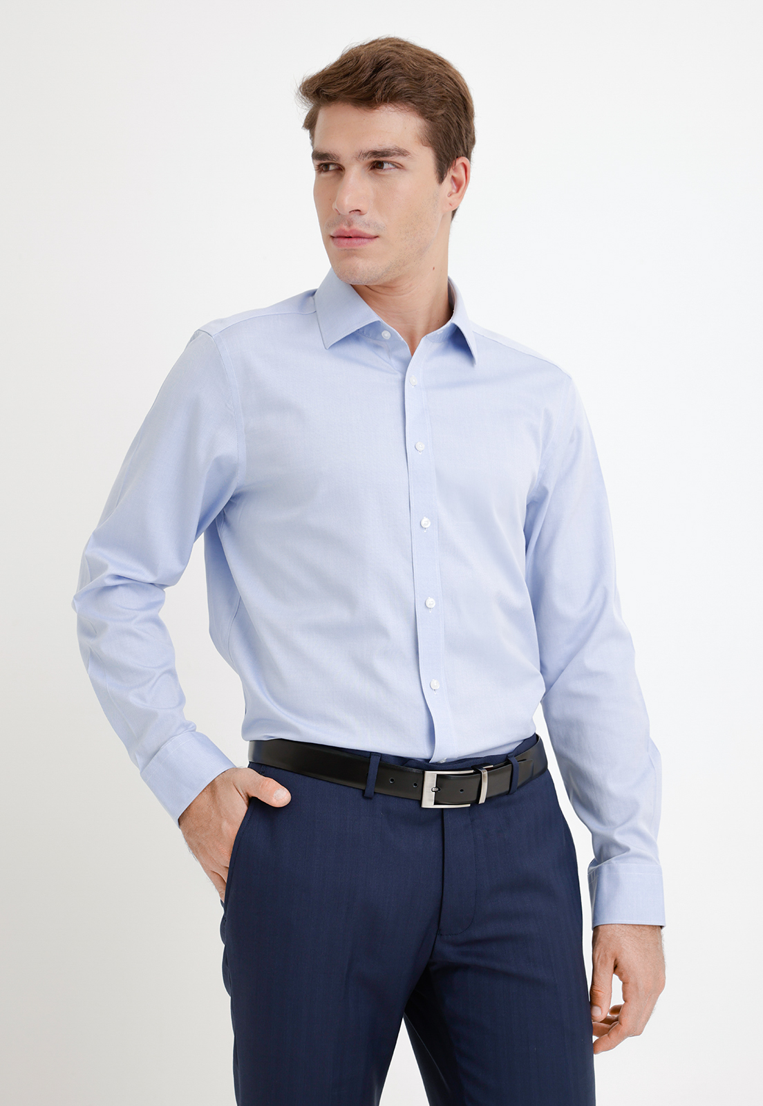 CAMISA FORMAL HOMBRE NON IRON ALGODON LISO CELESTE - 1