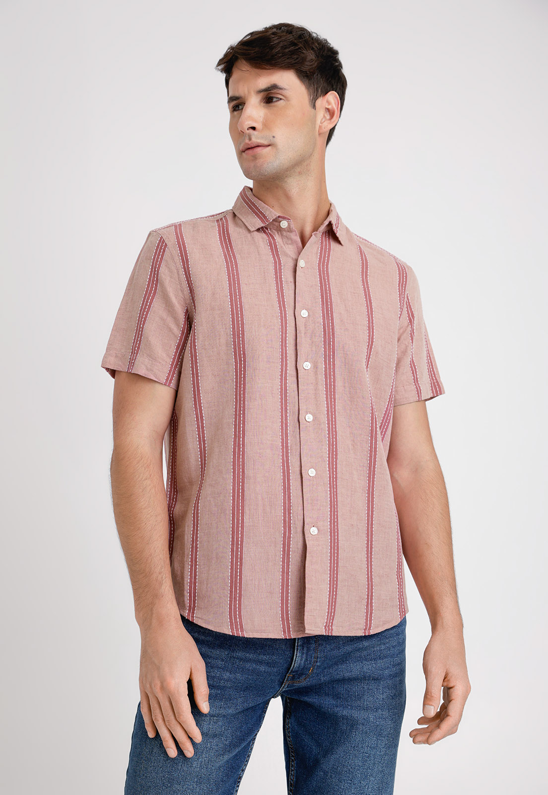 CAMISA HOMBRE MANGA CORTA LINO LISTADA ROUGE - 1