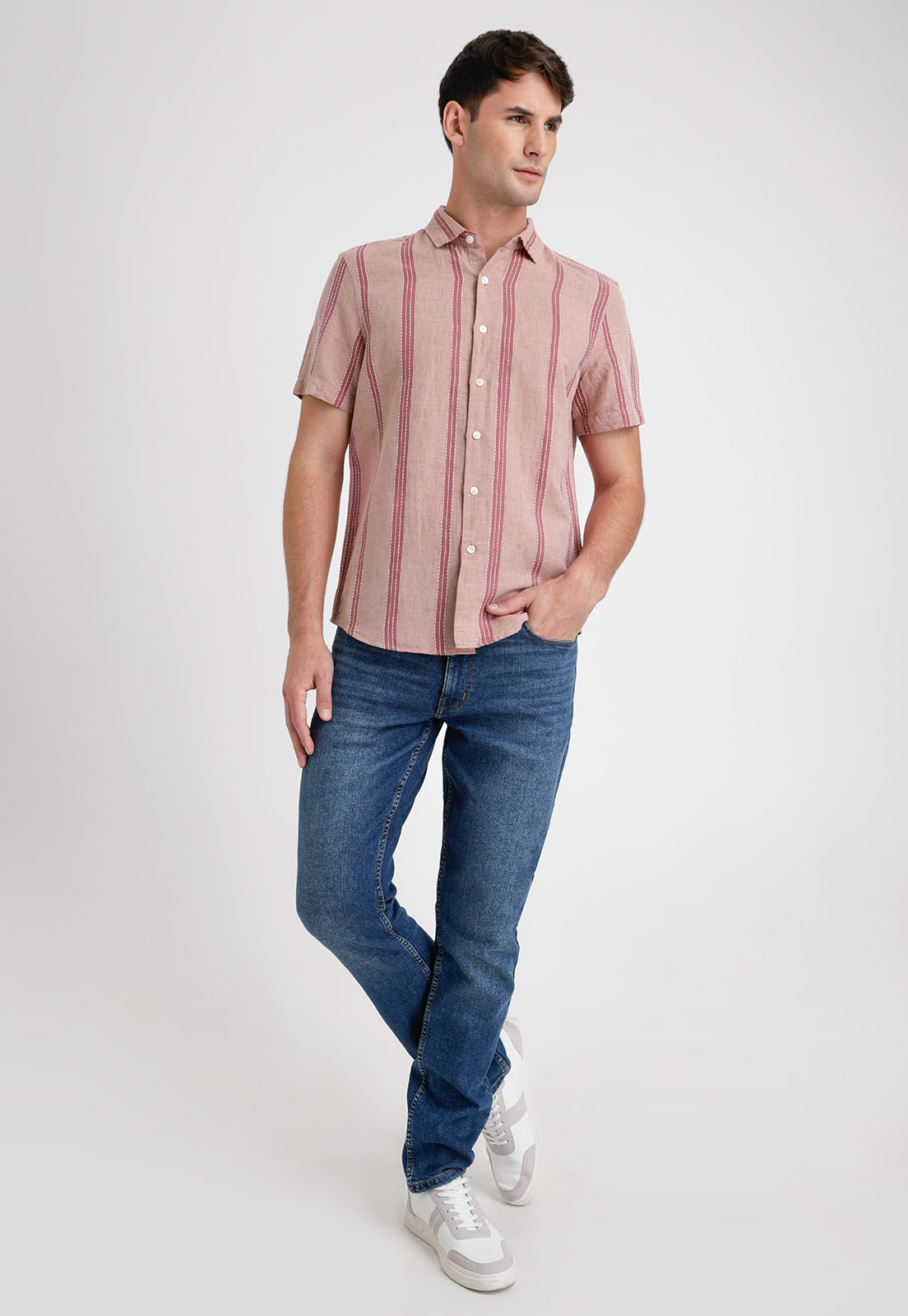 CAMISA HOMBRE MANGA CORTA LINO LISTADA ROUGE - 4