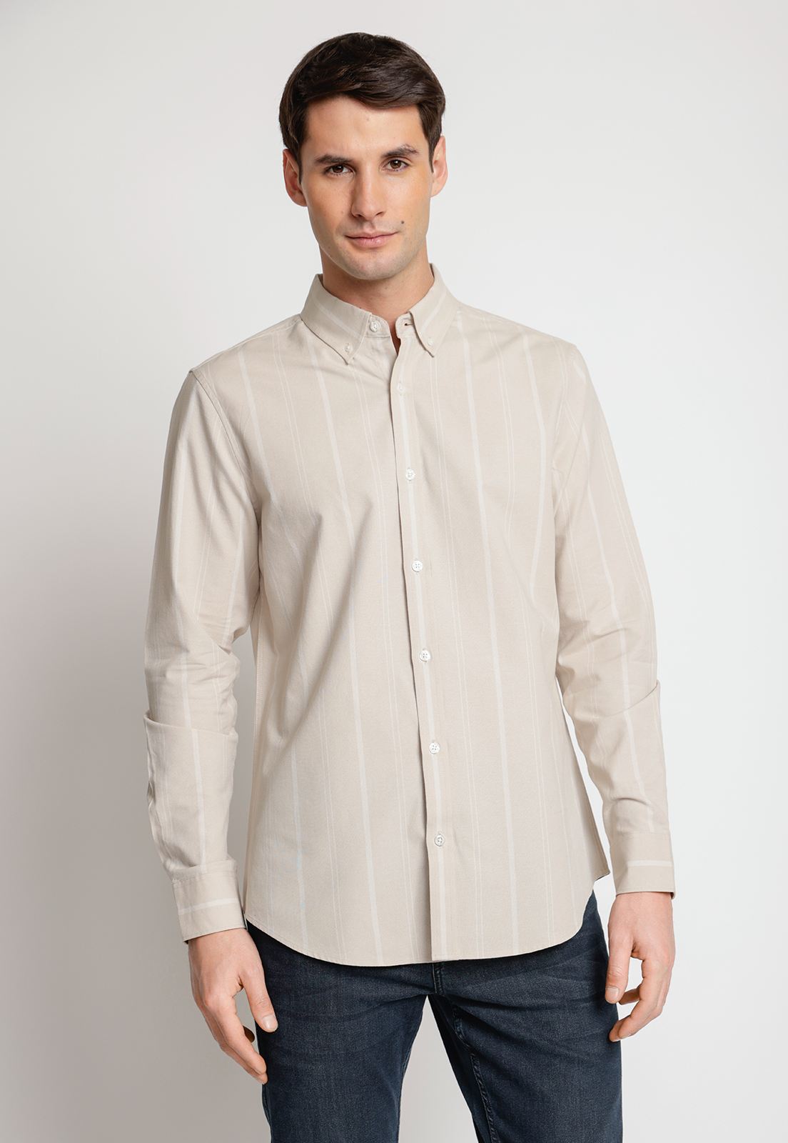 CAMISA HOMBRE MANGA LARGA OXFORD LISTADA BEIGE - 1