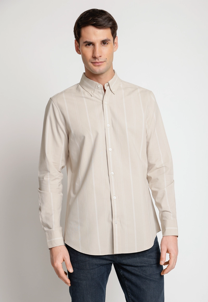 CAMISA HOMBRE MANGA LARGA OXFORD LISTADA BEIGE - 1