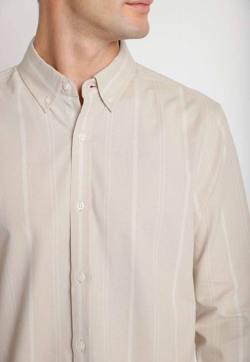 CAMISA HOMBRE MANGA LARGA OXFORD LISTADA BEIGE - 3