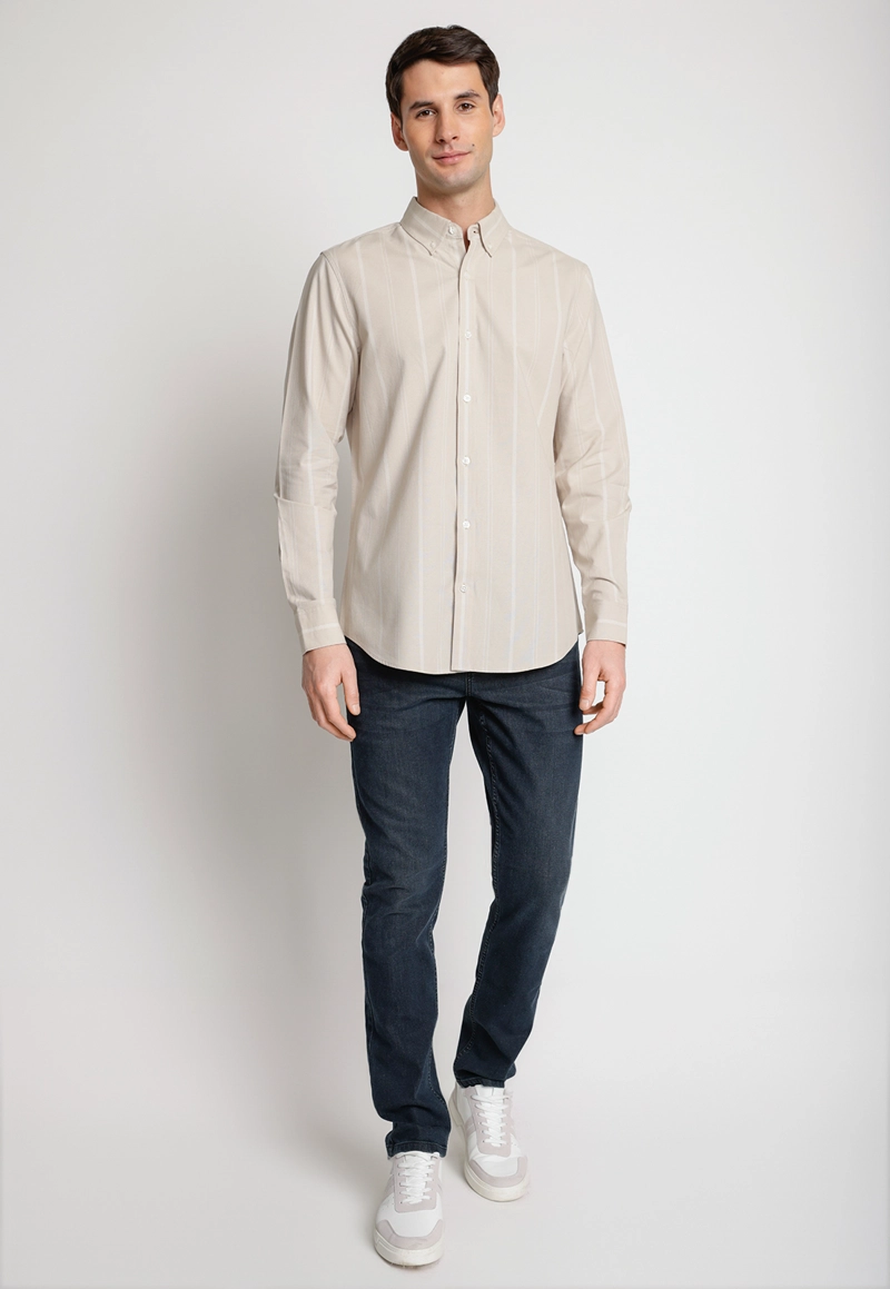CAMISA HOMBRE MANGA LARGA OXFORD LISTADA BEIGE - 4