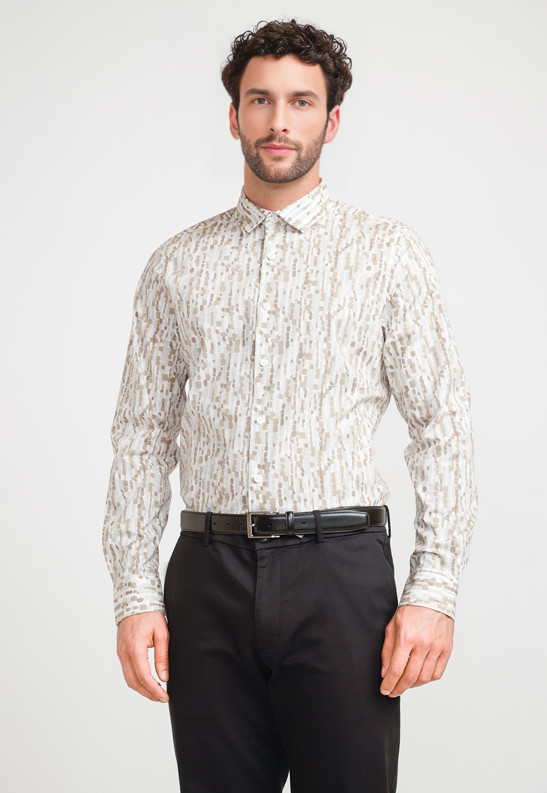 CAMISA HOMBRE ESTAMPADA STRETCH BEIGE - 1