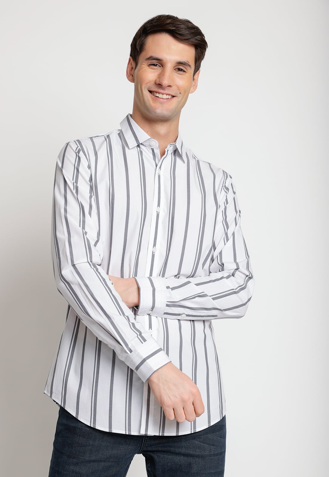 CAMISA HOMBRE MANGA LARGA LISTADA GRIS OSCURO - 1