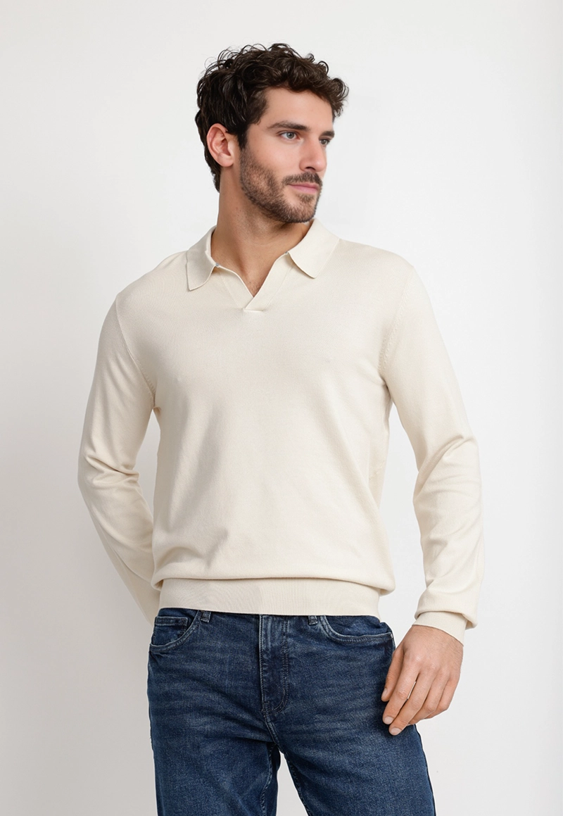 SWEATER HOMBRE CUELLO POLO BEIGE - 1