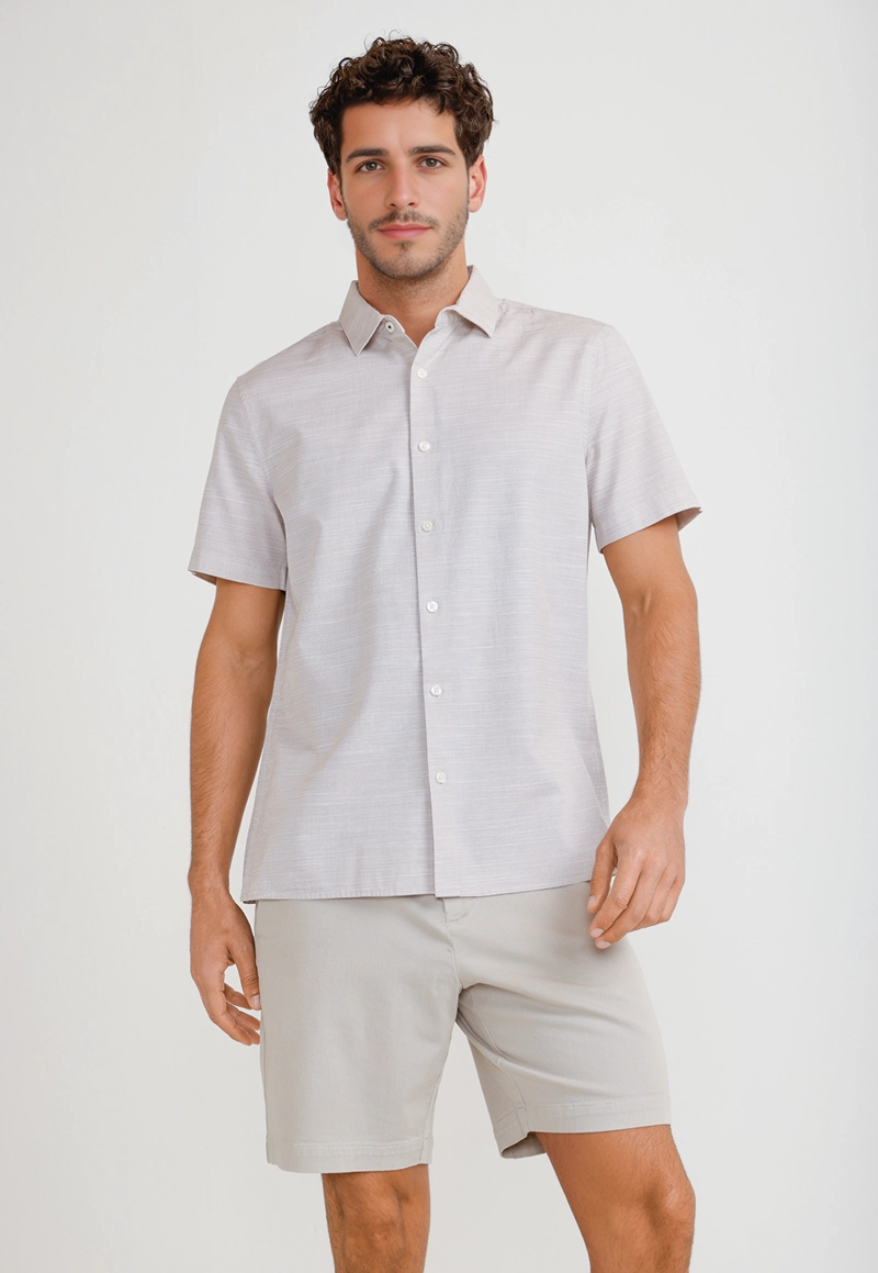 CAMISA HOMBRE MANGA CORTA ALGODON BEIGE - 1
