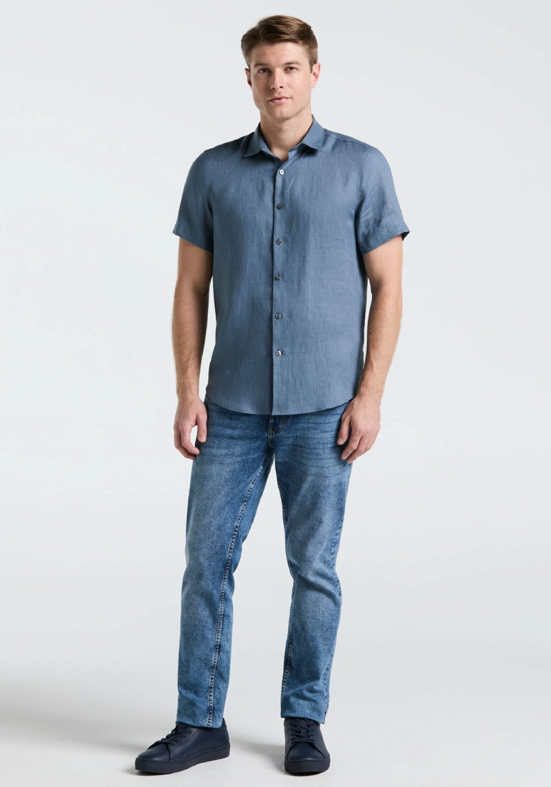 CAMISA HOMBRE LINO MANGA CORTA AZUL - 4