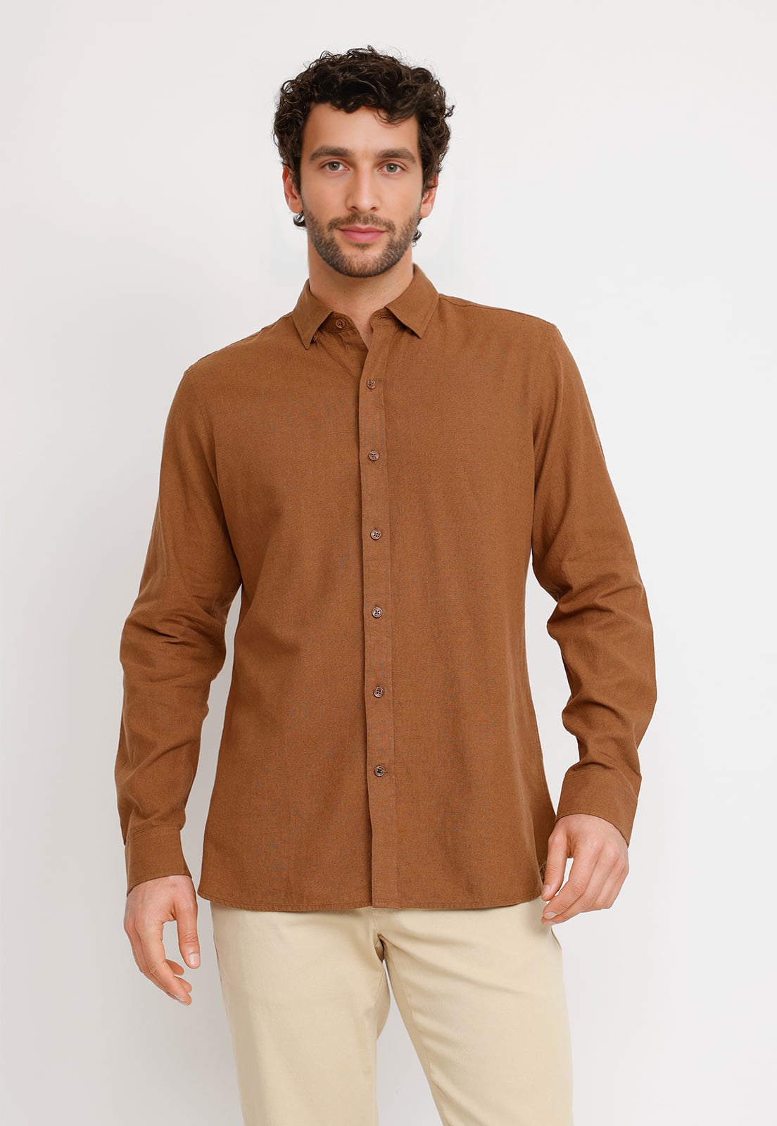 CAMISA LINO ALGODON BRAULIO CAFE - 1