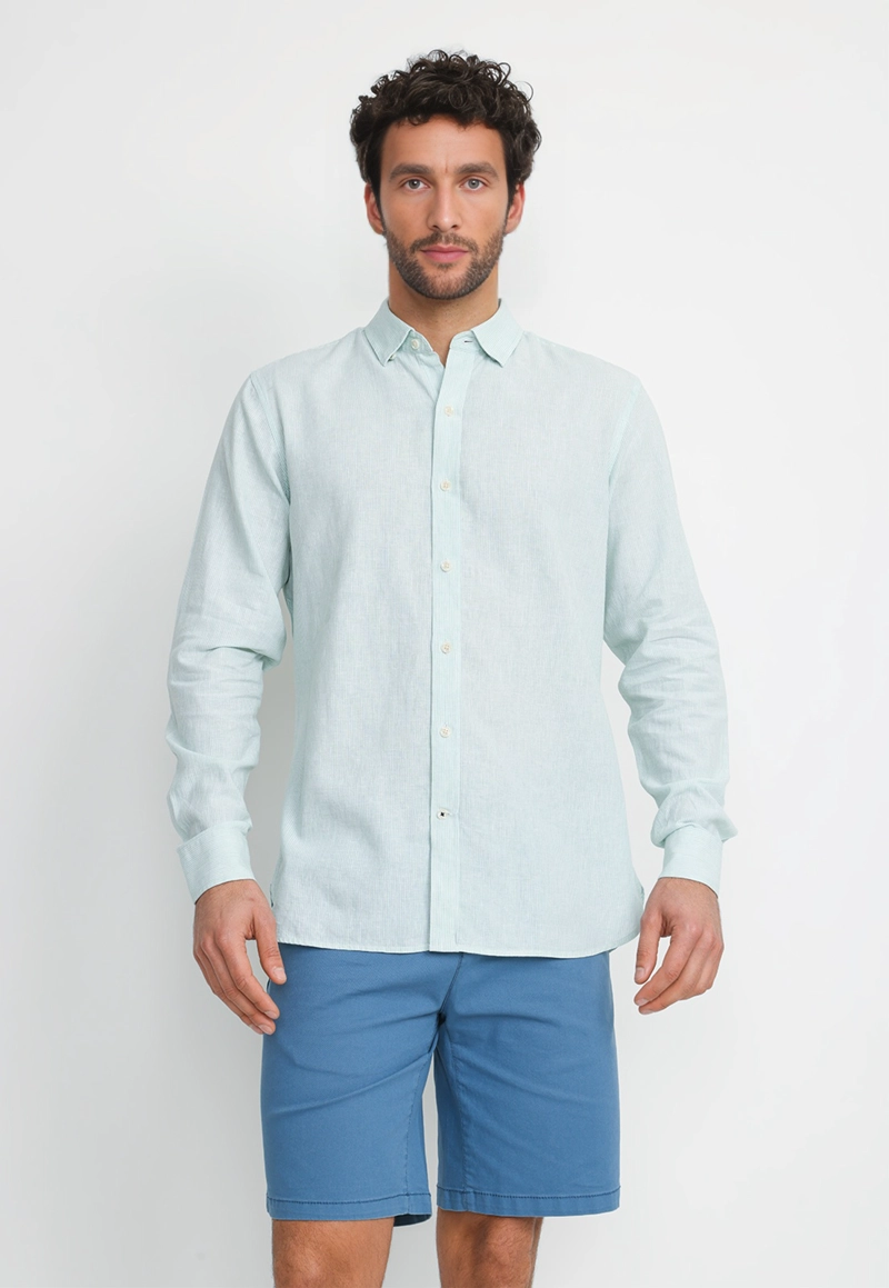 CAMISA RAYADA LINO ALGODON BRUNO VERDE - 1