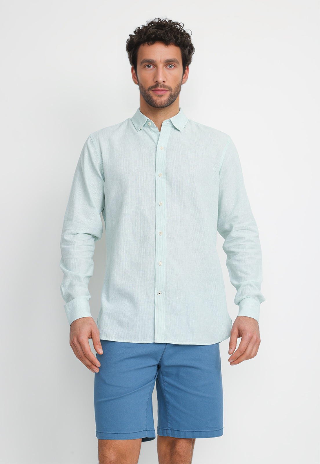 CAMISA RAYADA LINO ALGODON BRUNO VERDE - 1